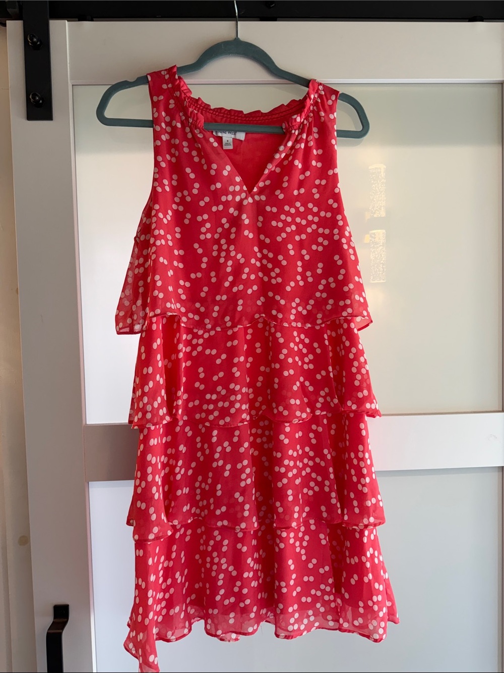 Nine West Coral Pink Polka Dot Tiered Ruffle Dress